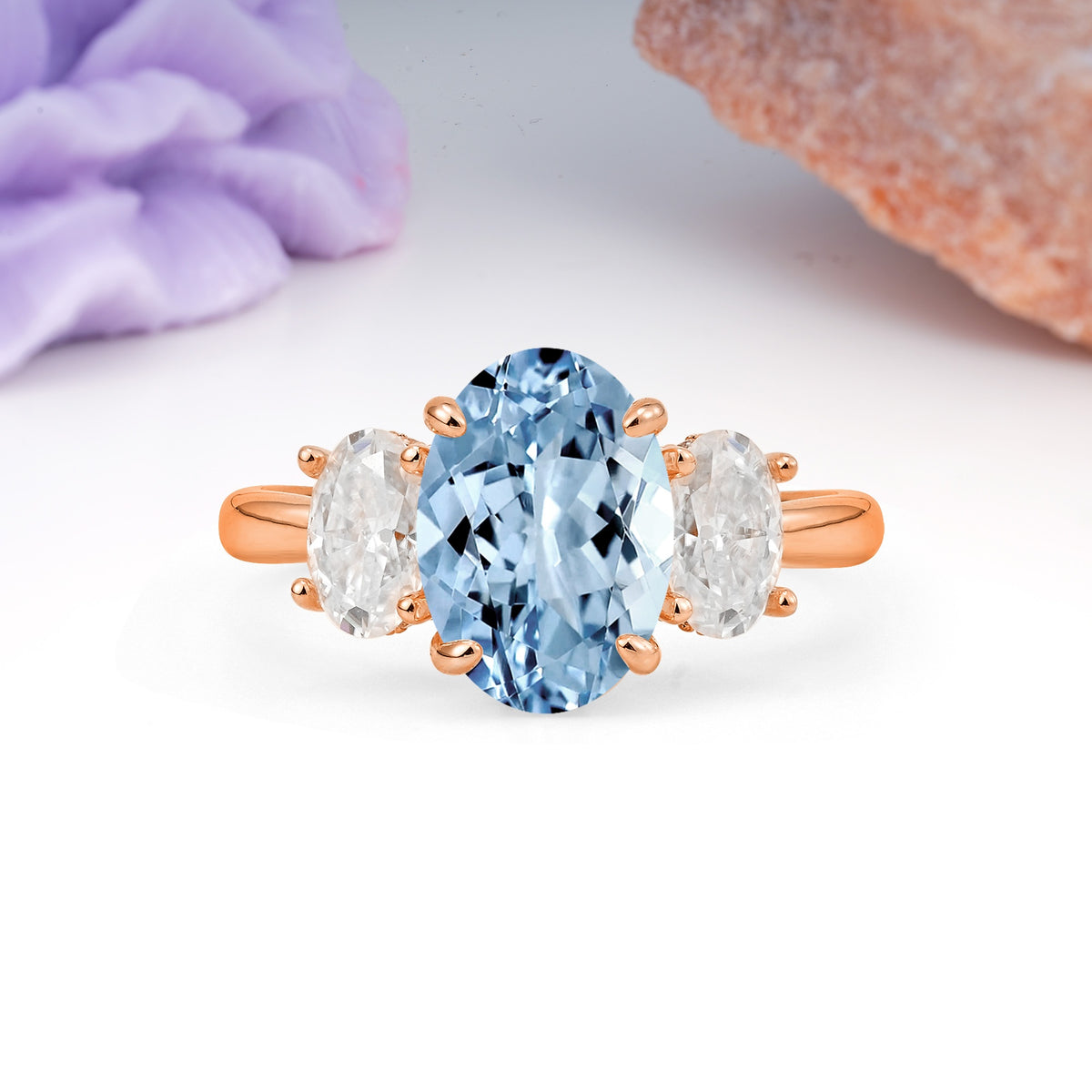 Three Stone Oval Center Solitaire Symmetric Oval Cut Side Ball Prong Smooth Shank Aquamarine Engagement Ring - Additional view