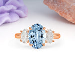 Three Stone Oval Center Solitaire Symmetric Oval Cut Side Ball Prong Smooth Shank Aquamarine Engagement Ring - Additional view