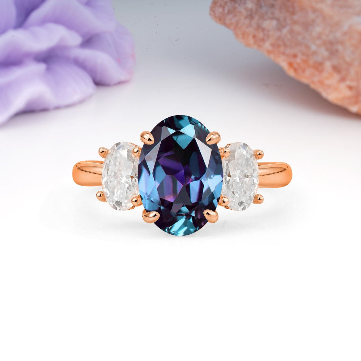 Three Stone Oval Center Solitaire Symmetric Oval Cut Side Ball Prong Smooth Shank Alexandrite Engagement Ring - Additional view