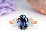 Three Stone Oval Center Solitaire Symmetric Oval Cut Side Ball Prong Smooth Shank Alexandrite Engagement Ring - Additional view