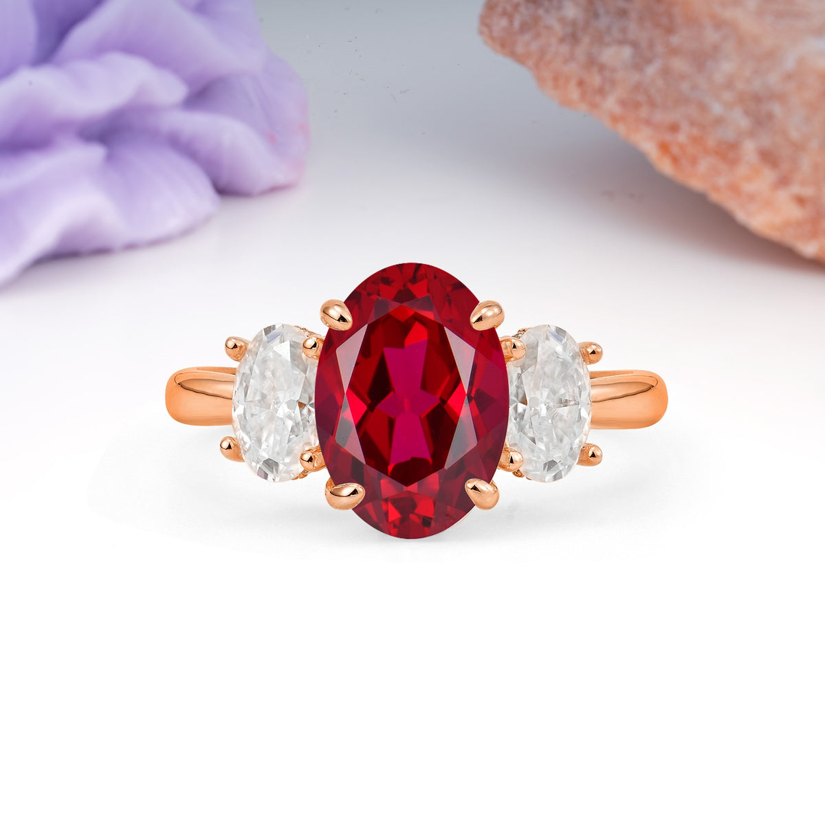 Three Stone Oval Center Solitaire Symmetric Oval Cut Side Ball Prong Smooth Shank Ruby Engagement Ring - Additional view
