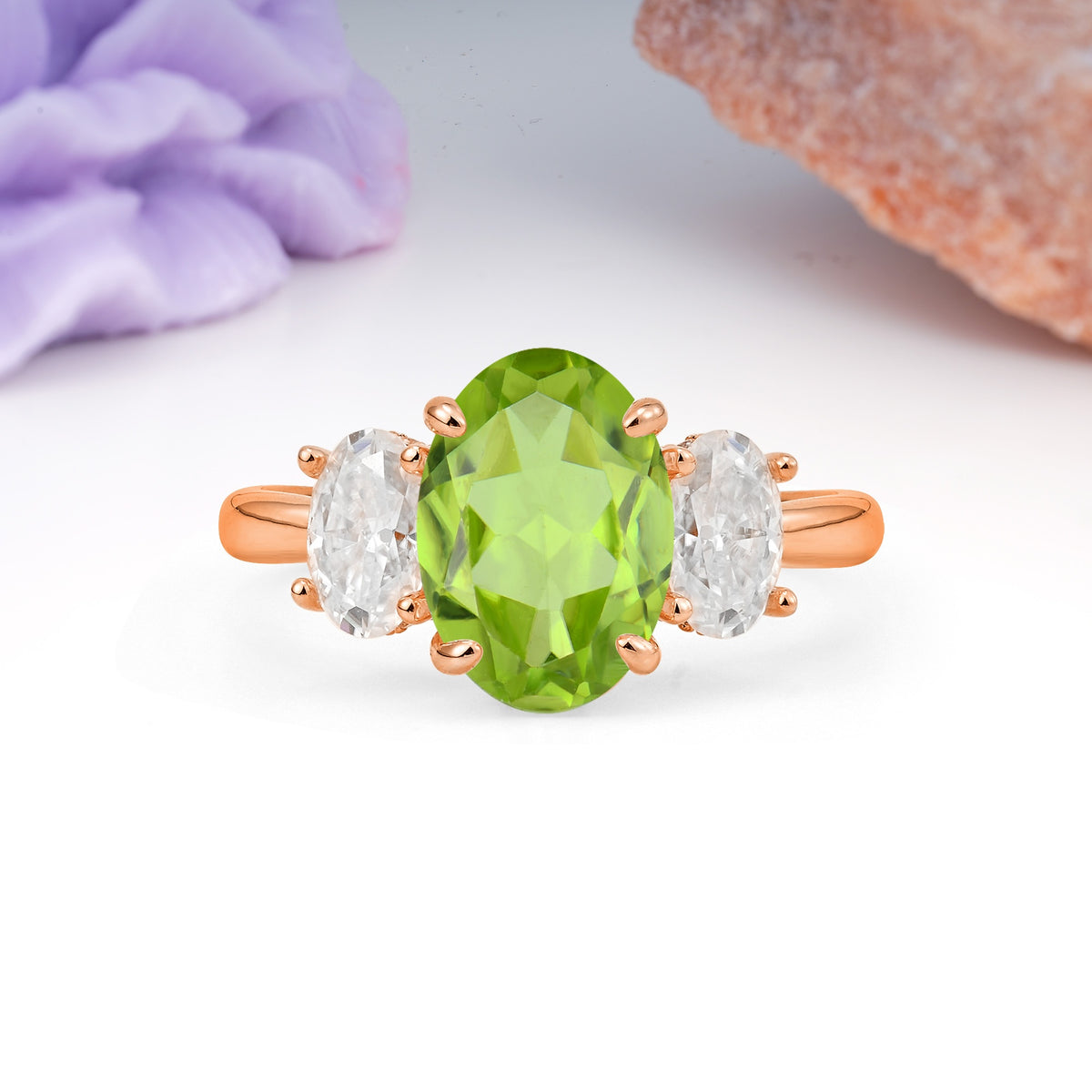Three Stone Oval Center Solitaire Symmetric Oval Cut Side Ball Prong Smooth Shank Peridot Engagement Ring - Additional view