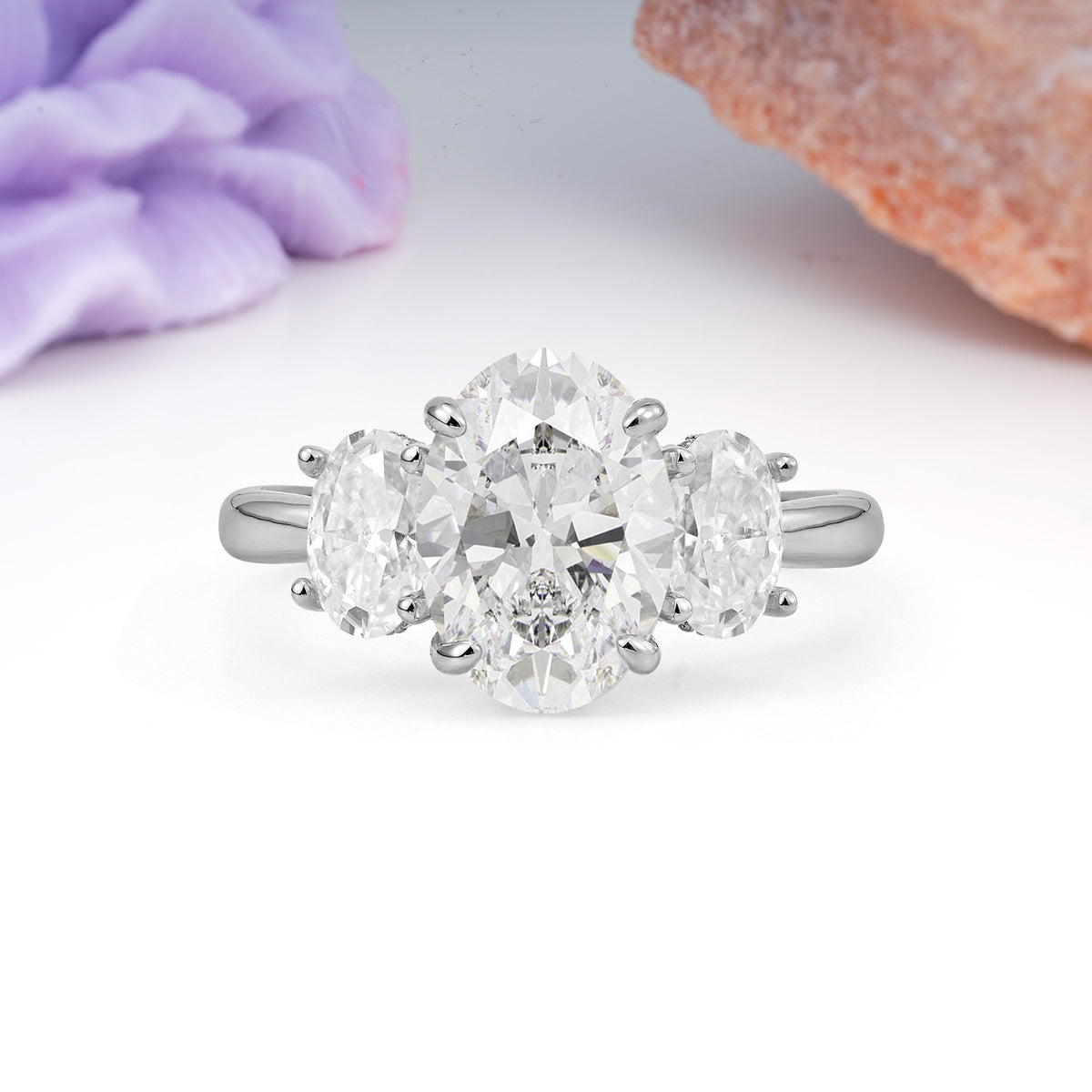 Three Stone Oval Center Solitaire Symmetric Oval Cut Side Ball Prong Smooth Shank Moissanite Engagement Ring - Additional view