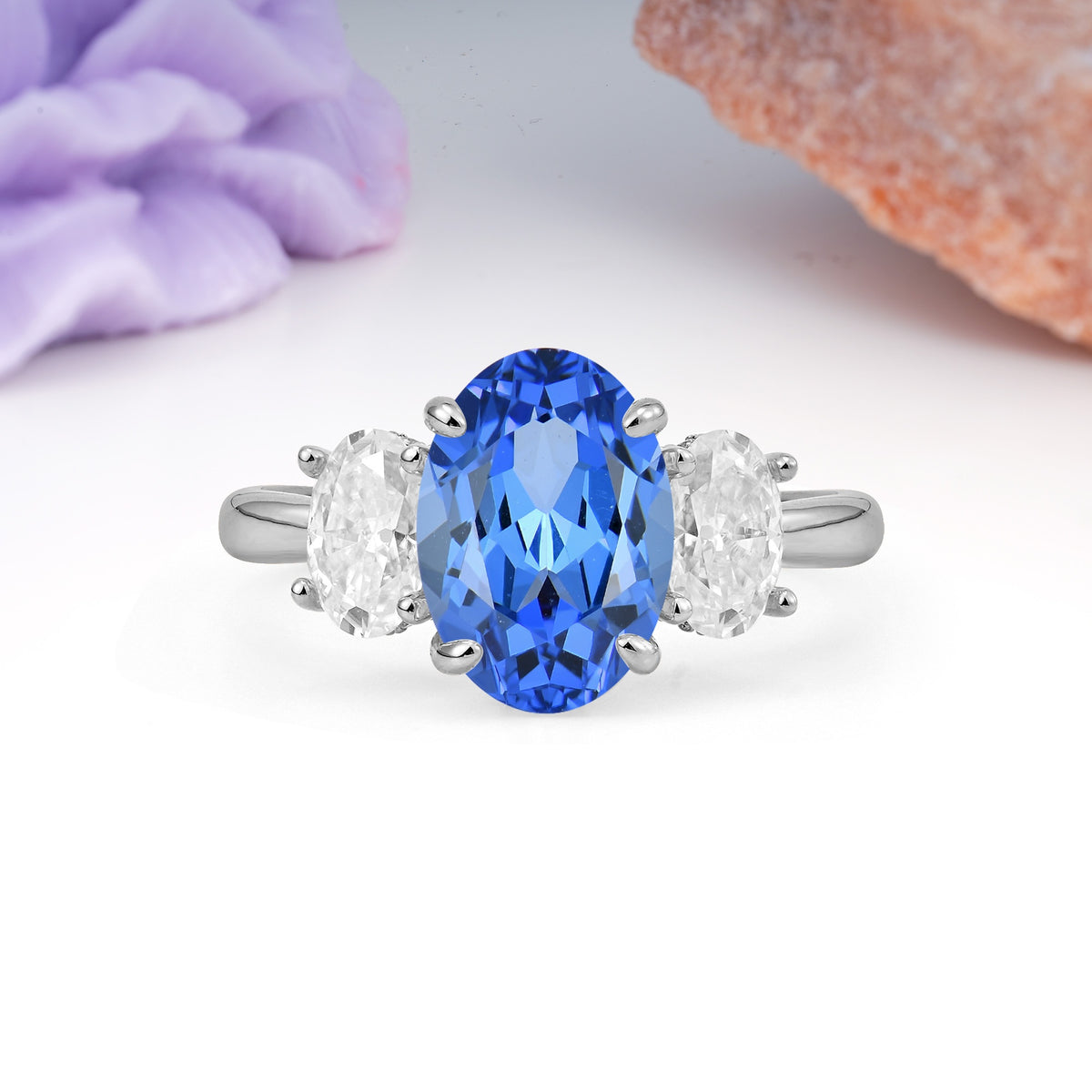 Three Stone Oval Center Solitaire Symmetric Oval Cut Side Ball Prong Smooth Shank Sapphire Engagement Ring - Additional view