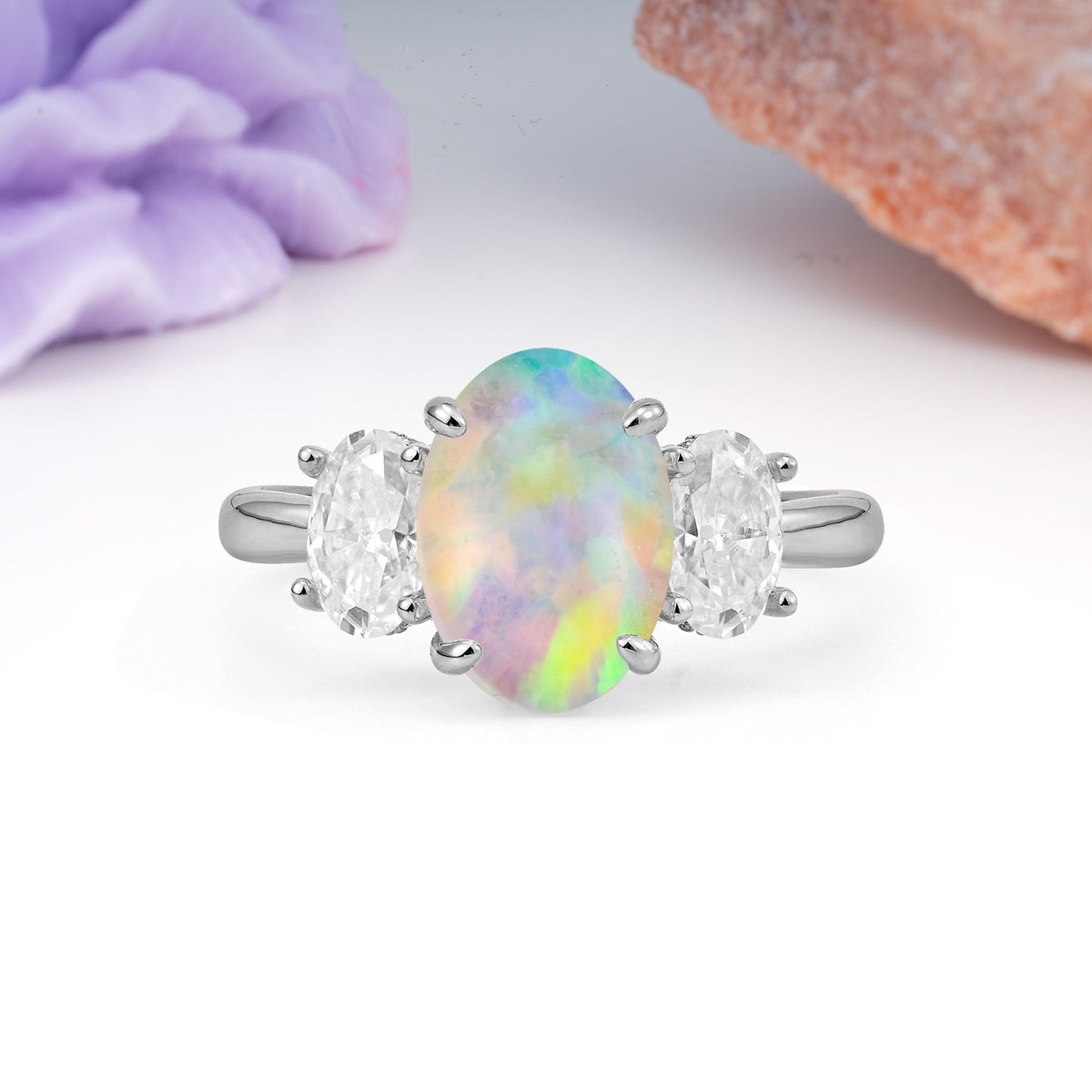 Three Stone Oval Center Solitaire Symmetric Oval Cut Side Ball Prong Smooth Shank Fire Opal Engagement Ring - Additional view
