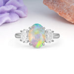 Three Stone Oval Center Solitaire Symmetric Oval Cut Side Ball Prong Smooth Shank Fire Opal Engagement Ring - Additional view