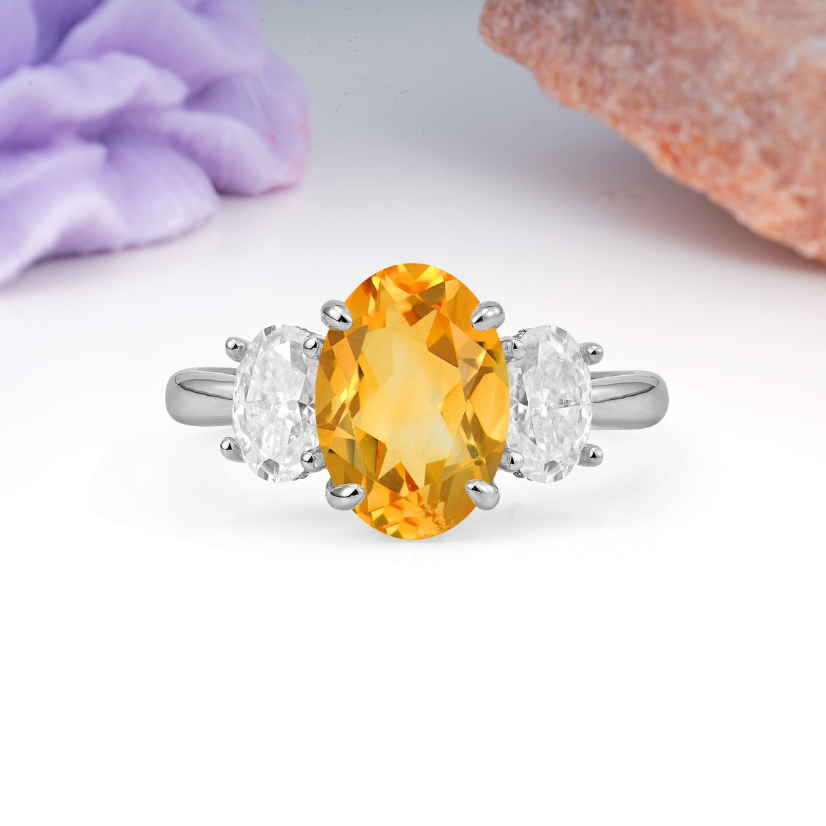 Three Stone Oval Center Solitaire Symmetric Oval Cut Side Ball Prong Smooth Shank Citrine Engagement Ring - Additional view