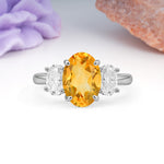 Three Stone Oval Center Solitaire Symmetric Oval Cut Side Ball Prong Smooth Shank Citrine Engagement Ring - Additional view
