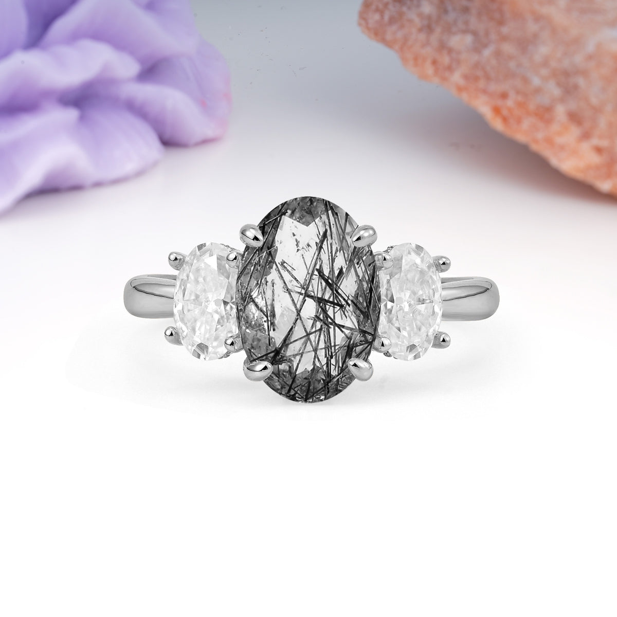 Three Stone Oval Center Solitaire Symmetric Oval Cut Side Ball Prong Smooth Shank Black Rutilated Quartz Engagement Ring - Additional view