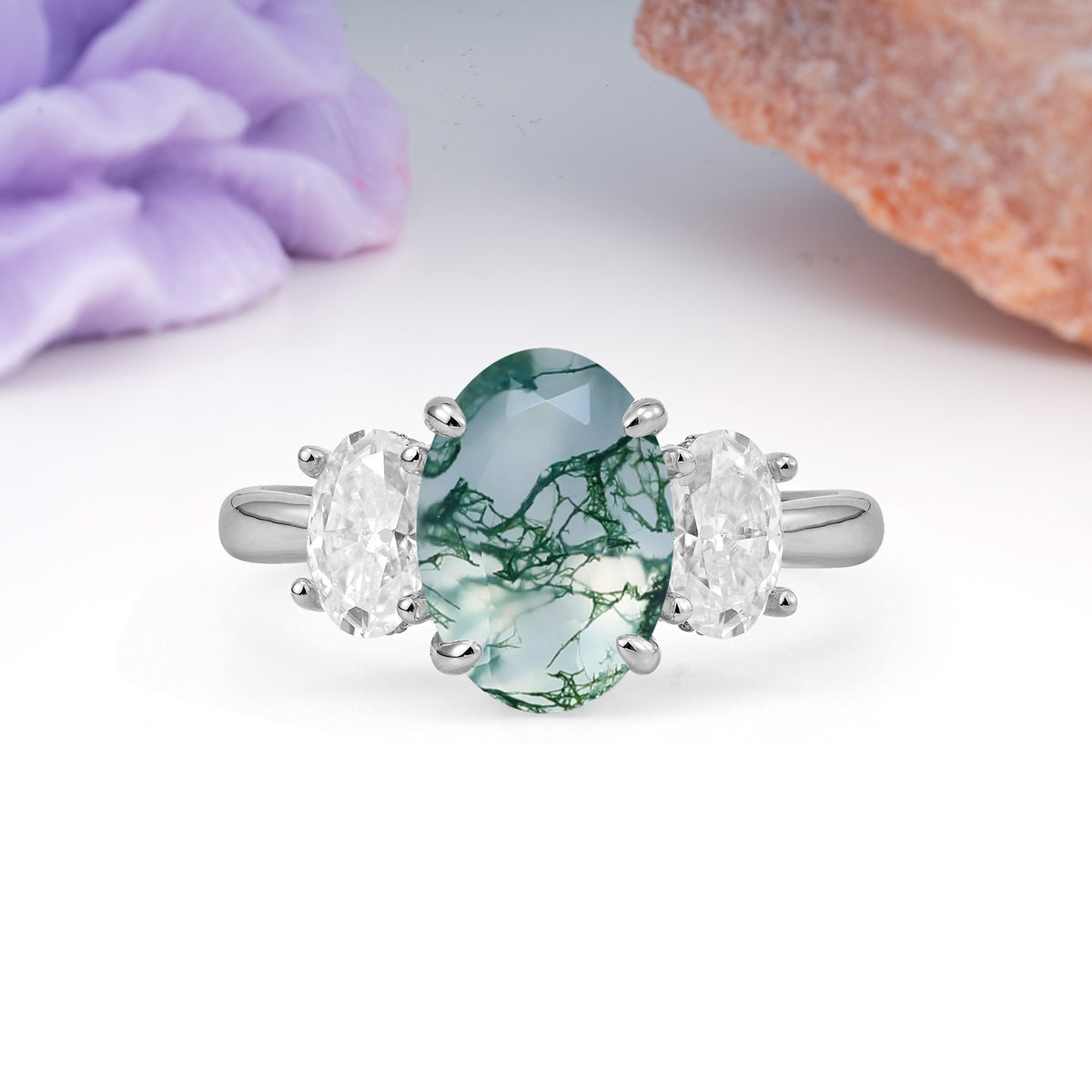 Three Stone Oval Center Solitaire Symmetric Oval Cut Side Ball Prong Smooth Shank Moss Agate Engagement Ring - Additional view