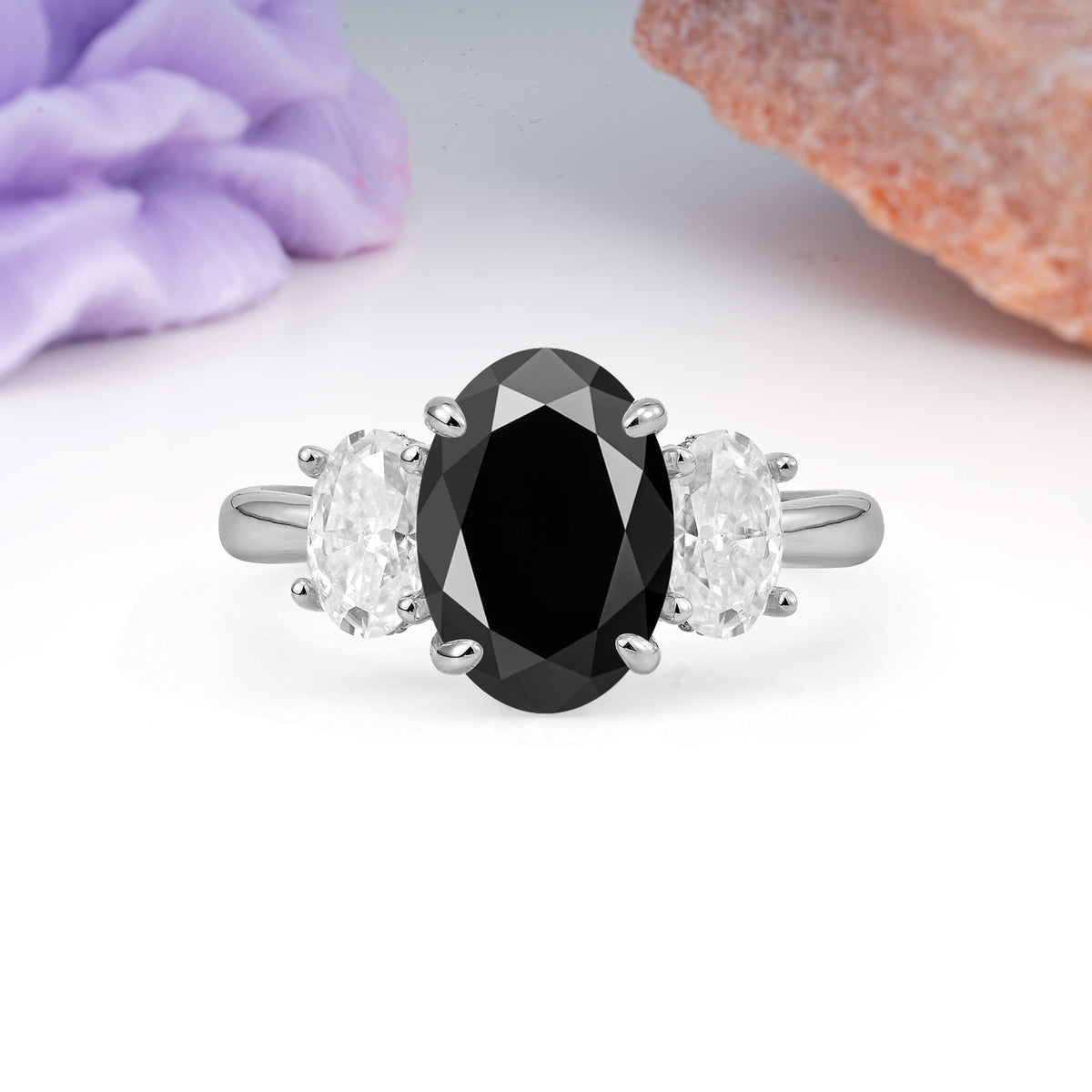 Three Stone Oval Center Solitaire Symmetric Oval Cut Side Ball Prong Smooth Shank Black Onyx Engagement Ring - Additional view