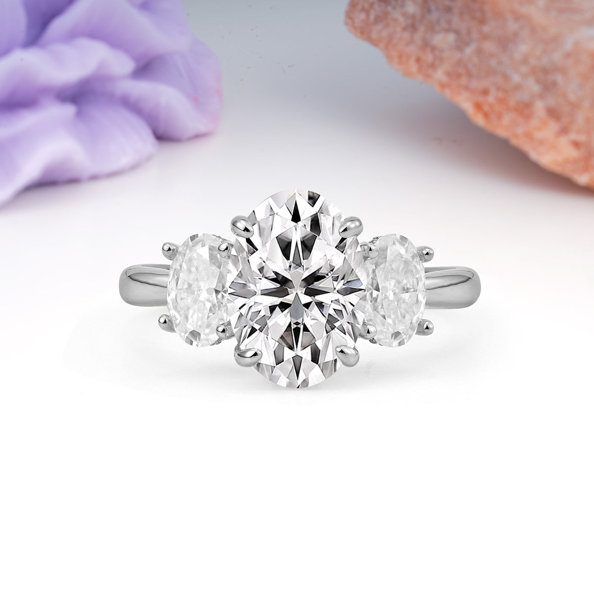 Three Stone Oval Center Solitaire Symmetric Oval Cut Side Ball Prong Smooth Shank Lab Diamond Engagement Ring - Additional view