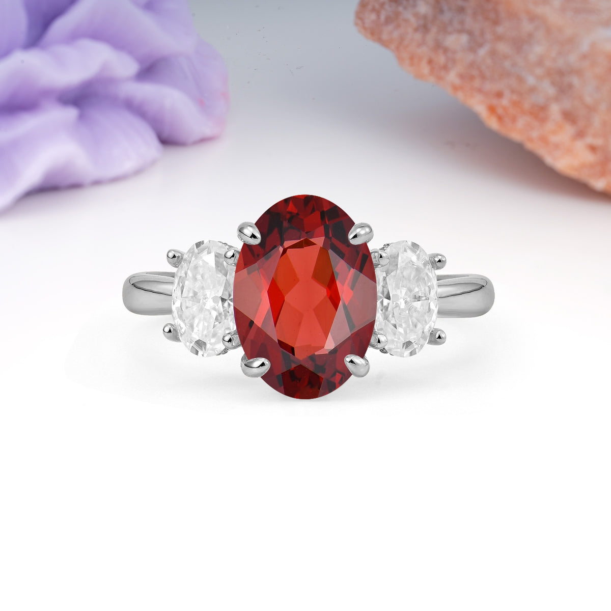Three Stone Oval Center Solitaire Symmetric Oval Cut Side Ball Prong Smooth Shank Garnet Engagement Ring - Additional view