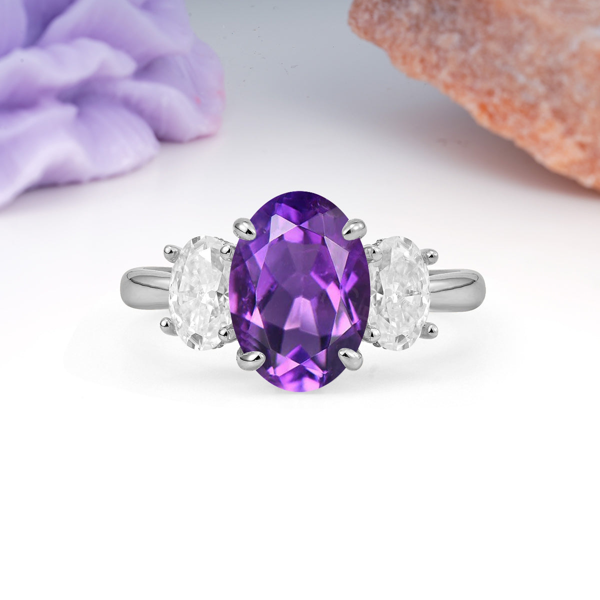 Three Stone Oval Center Solitaire Symmetric Oval Cut Side Ball Prong Smooth Shank Amethyst Engagement Ring - Additional view