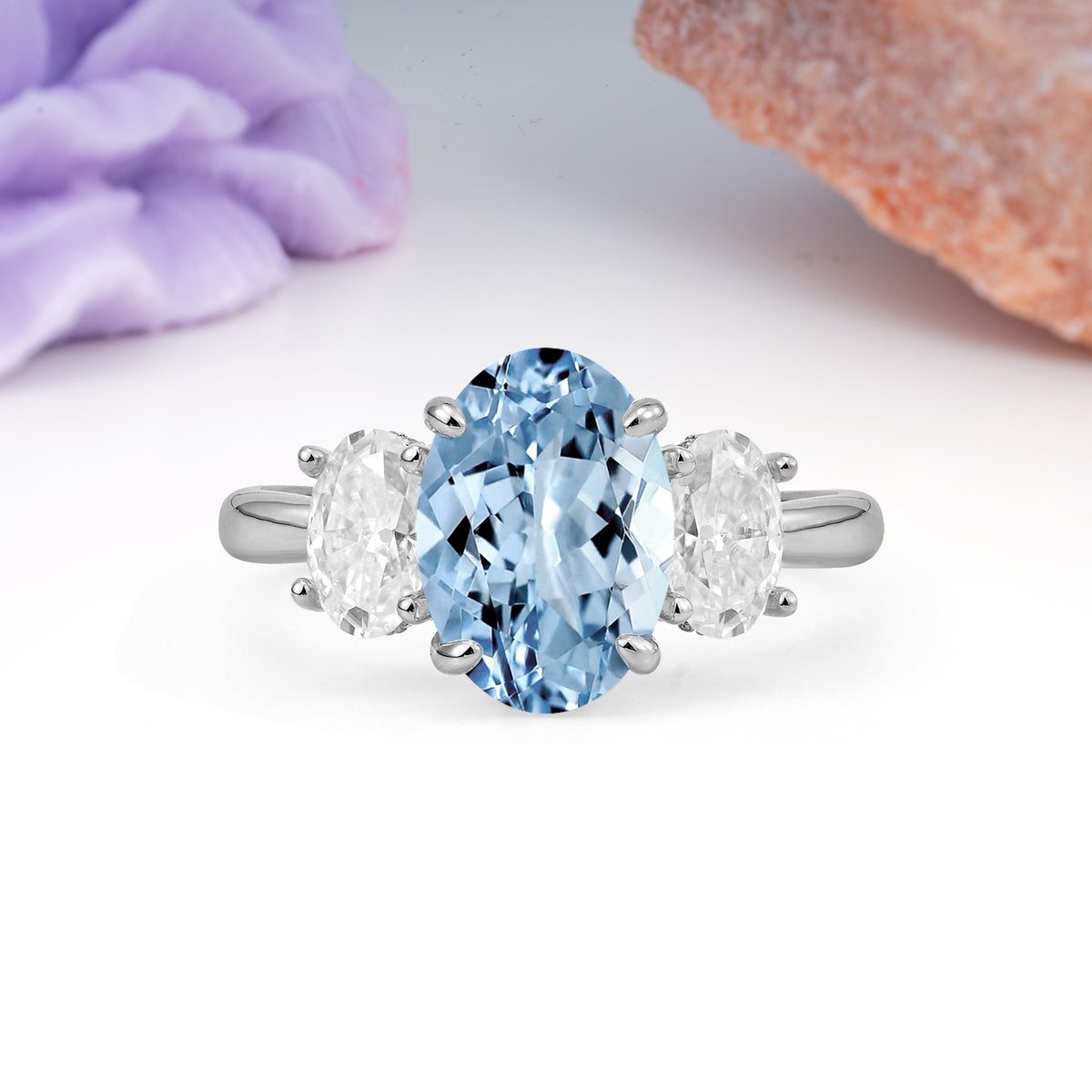 Three Stone Oval Center Solitaire Symmetric Oval Cut Side Ball Prong Smooth Shank Aquamarine Engagement Ring - Additional view