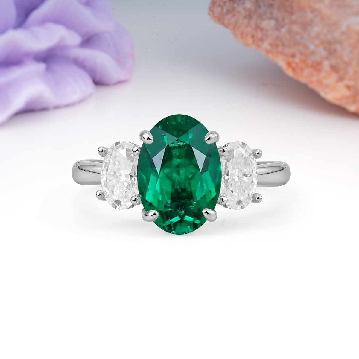 Three Stone Oval Center Solitaire Symmetric Oval Cut Side Ball Prong Smooth Shank Emerald Engagement Ring - Additional view
