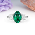 Three Stone Oval Center Solitaire Symmetric Oval Cut Side Ball Prong Smooth Shank Emerald Engagement Ring - Additional view