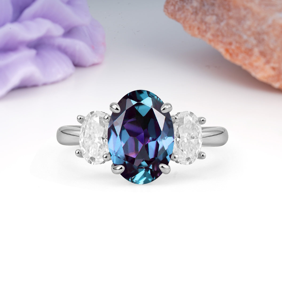 Three Stone Oval Center Solitaire Symmetric Oval Cut Side Ball Prong Smooth Shank Alexandrite Engagement Ring - Additional view