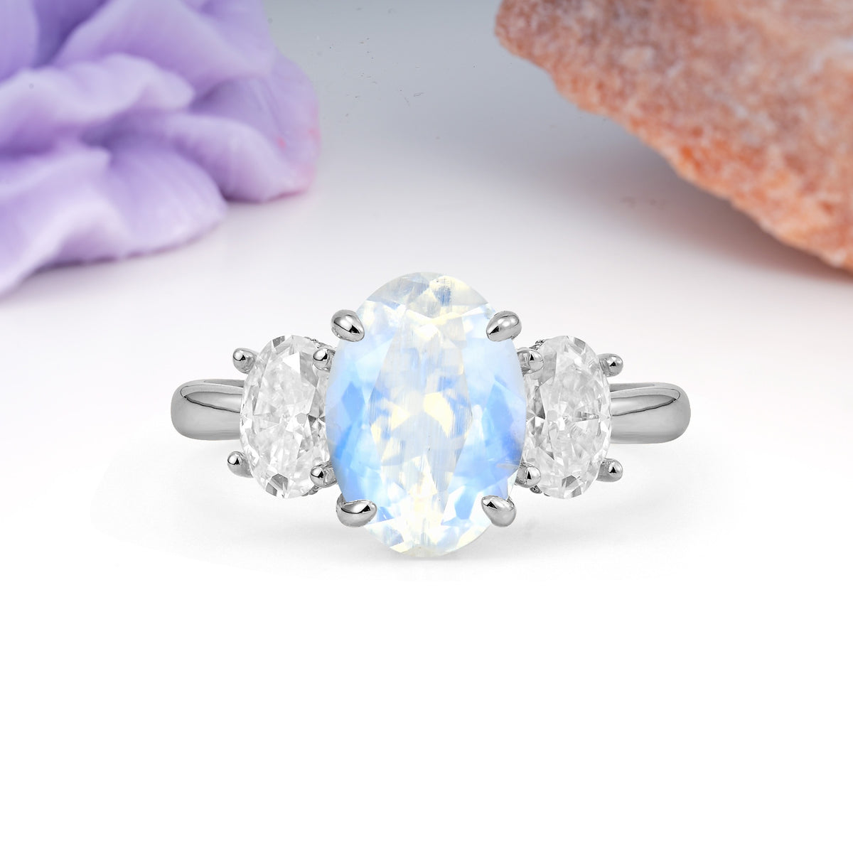 Three Stone Oval Center Solitaire Symmetric Oval Cut Side Ball Prong Smooth Shank Moonstone Engagement Ring - Additional view