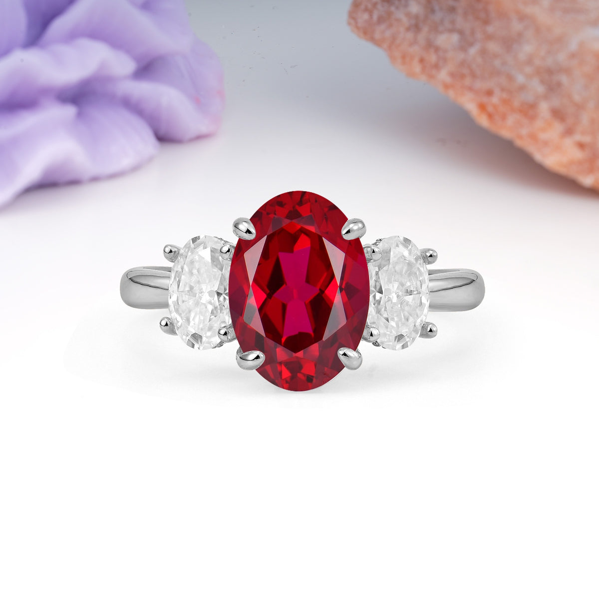 Three Stone Oval Center Solitaire Symmetric Oval Cut Side Ball Prong Smooth Shank Ruby Engagement Ring - Additional view