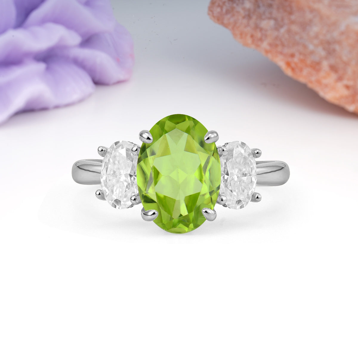 Three Stone Oval Center Solitaire Symmetric Oval Cut Side Ball Prong Smooth Shank Peridot Engagement Ring - Additional view