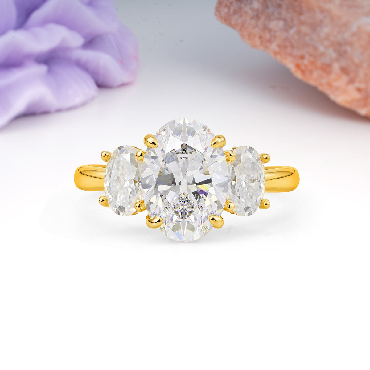 Three Stone Oval Center Solitaire Symmetric Oval Cut Side Ball Prong Smooth Shank Moissanite Engagement Ring - Additional view