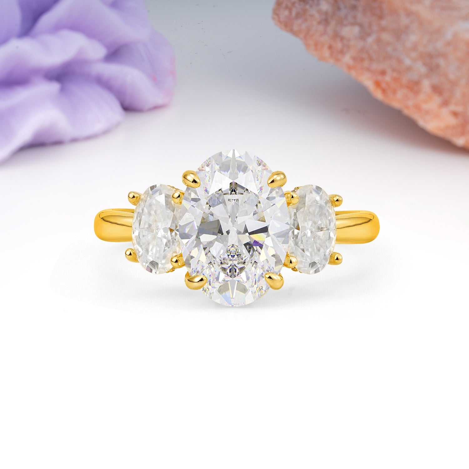 Three Stone Oval Center Solitaire Symmetric Oval Cut Side Ball Prong Smooth Shank Moissanite Engagement Ring - Additional view