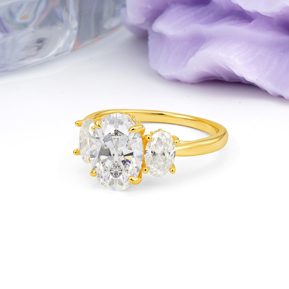 Three Stone Oval Center Solitaire Symmetric Oval Cut Side Ball Prong Smooth Shank Moissanite Engagement Ring - Additional view
