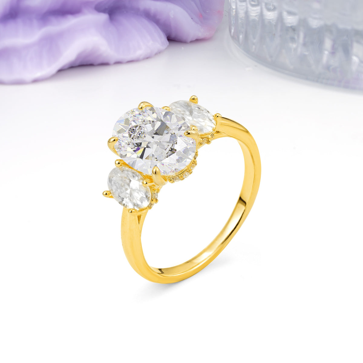 Three Stone Oval Center Solitaire Symmetric Oval Cut Side Ball Prong Smooth Shank Moissanite Engagement Ring - Additional view