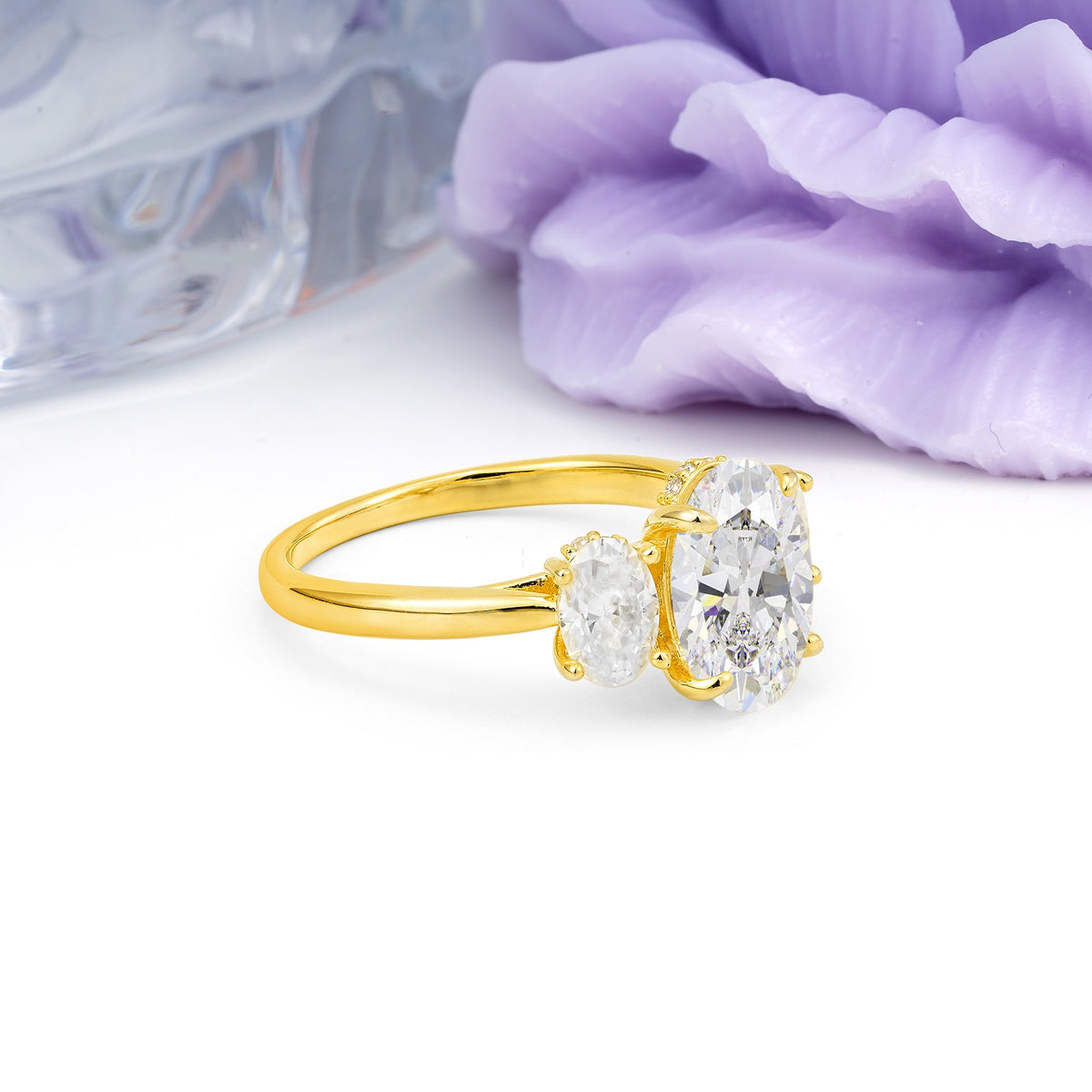 Three Stone Oval Center Solitaire Symmetric Oval Cut Side Ball Prong Smooth Shank Moissanite Engagement Ring - Additional view