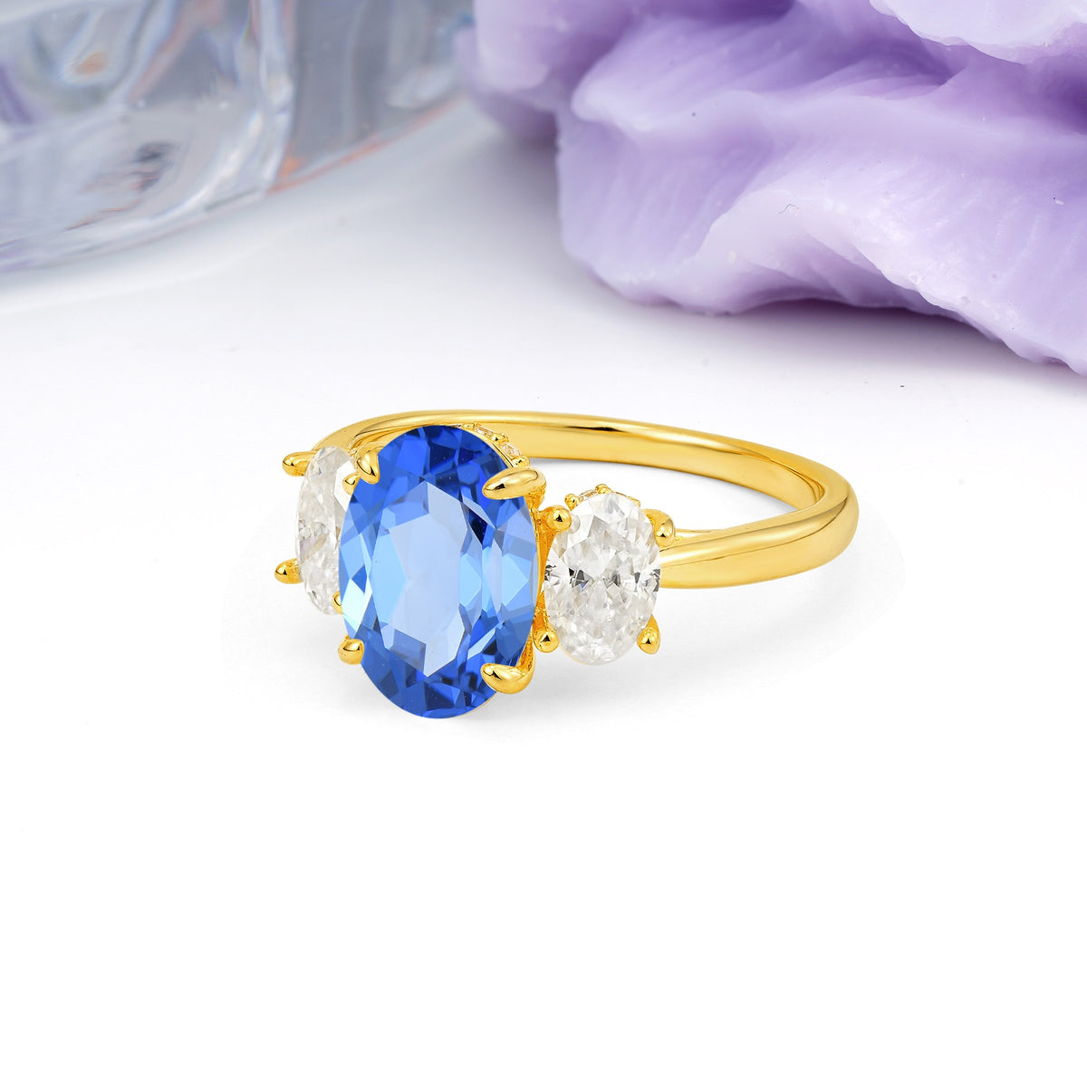 Three Stone Oval Center Solitaire Symmetric Oval Cut Side Ball Prong Smooth Shank Sapphire Engagement Ring - Additional view