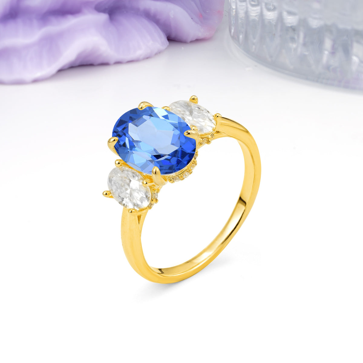 Three Stone Oval Center Solitaire Symmetric Oval Cut Side Ball Prong Smooth Shank Sapphire Engagement Ring - Additional view