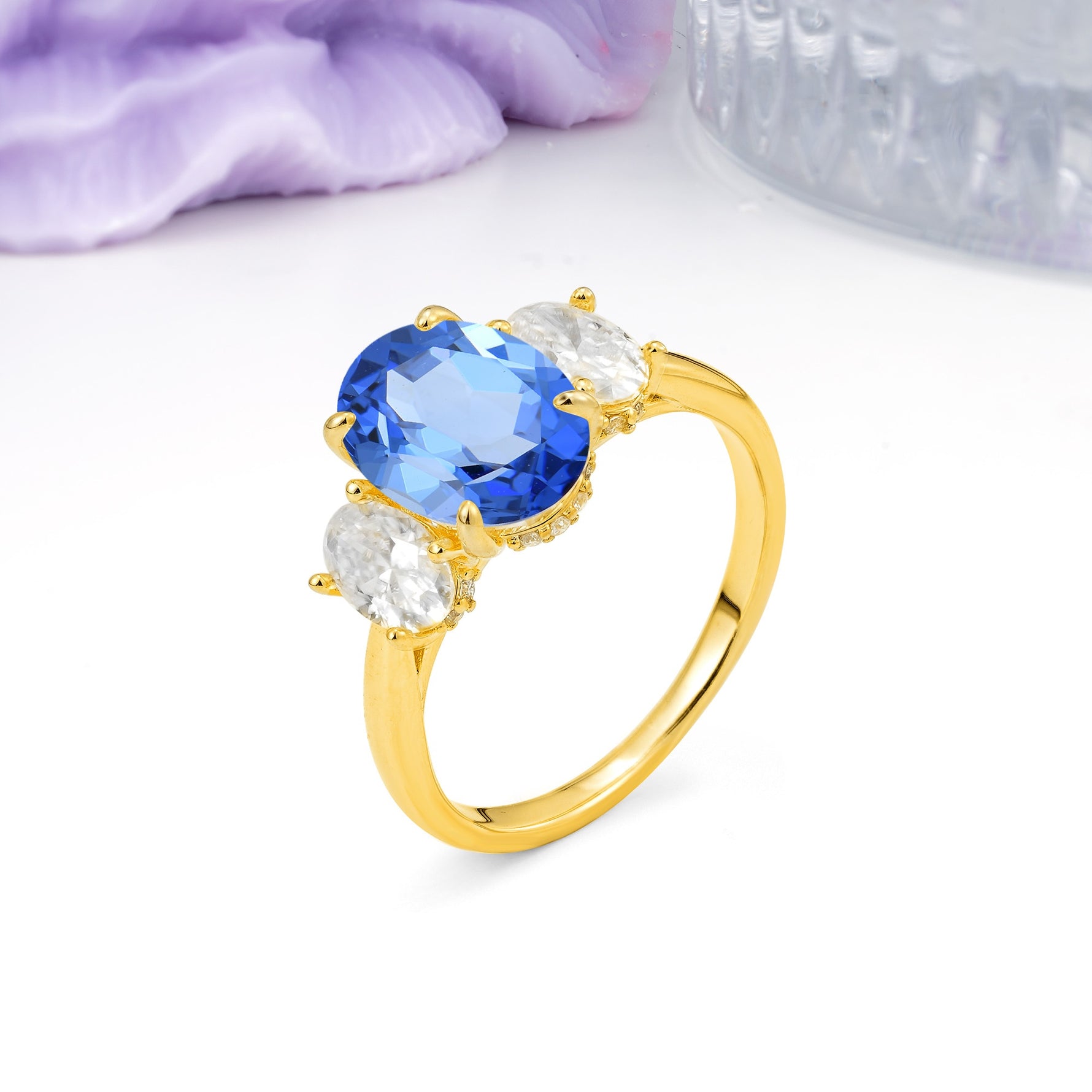 Three Stone Oval Center Solitaire Symmetric Oval Cut Side Ball Prong Smooth Shank Sapphire Engagement Ring - Additional view