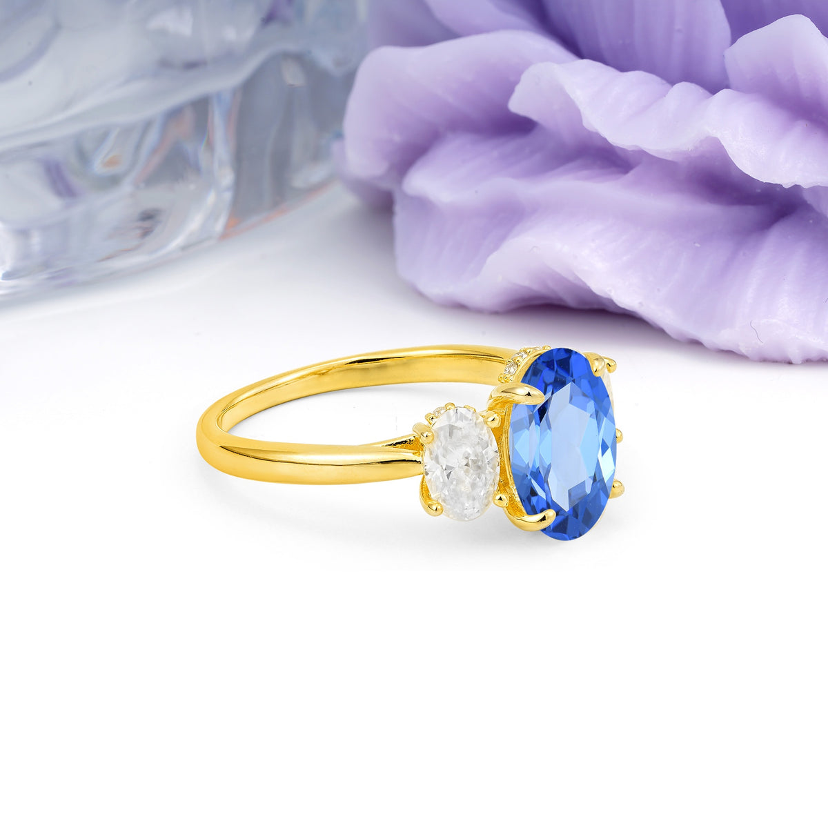 Three Stone Oval Center Solitaire Symmetric Oval Cut Side Ball Prong Smooth Shank Sapphire Engagement Ring - Additional view