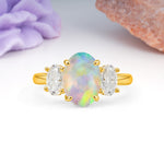 Three Stone Oval Center Solitaire Symmetric Oval Cut Side Ball Prong Smooth Shank Fire Opal Engagement Ring - Additional view