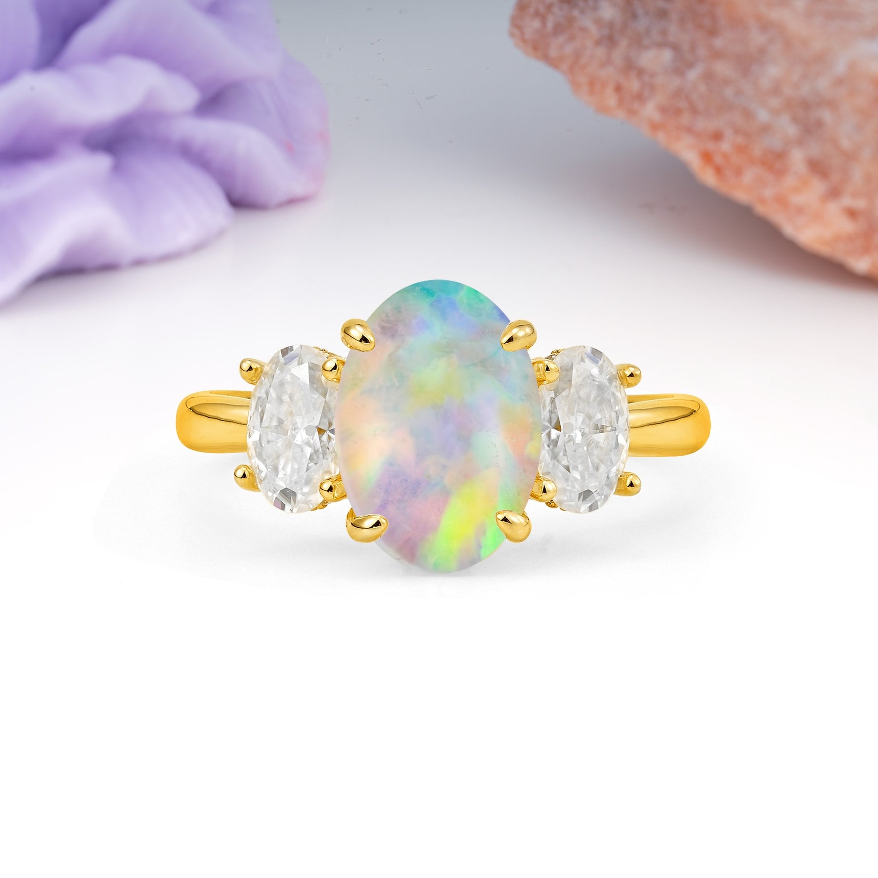 Three Stone Oval Center Solitaire Symmetric Oval Cut Side Ball Prong Smooth Shank Fire Opal Engagement Ring - Additional view