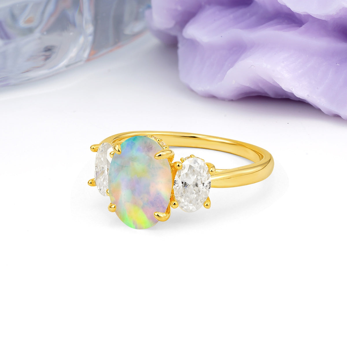 Three Stone Oval Center Solitaire Symmetric Oval Cut Side Ball Prong Smooth Shank Fire Opal Engagement Ring - Additional view