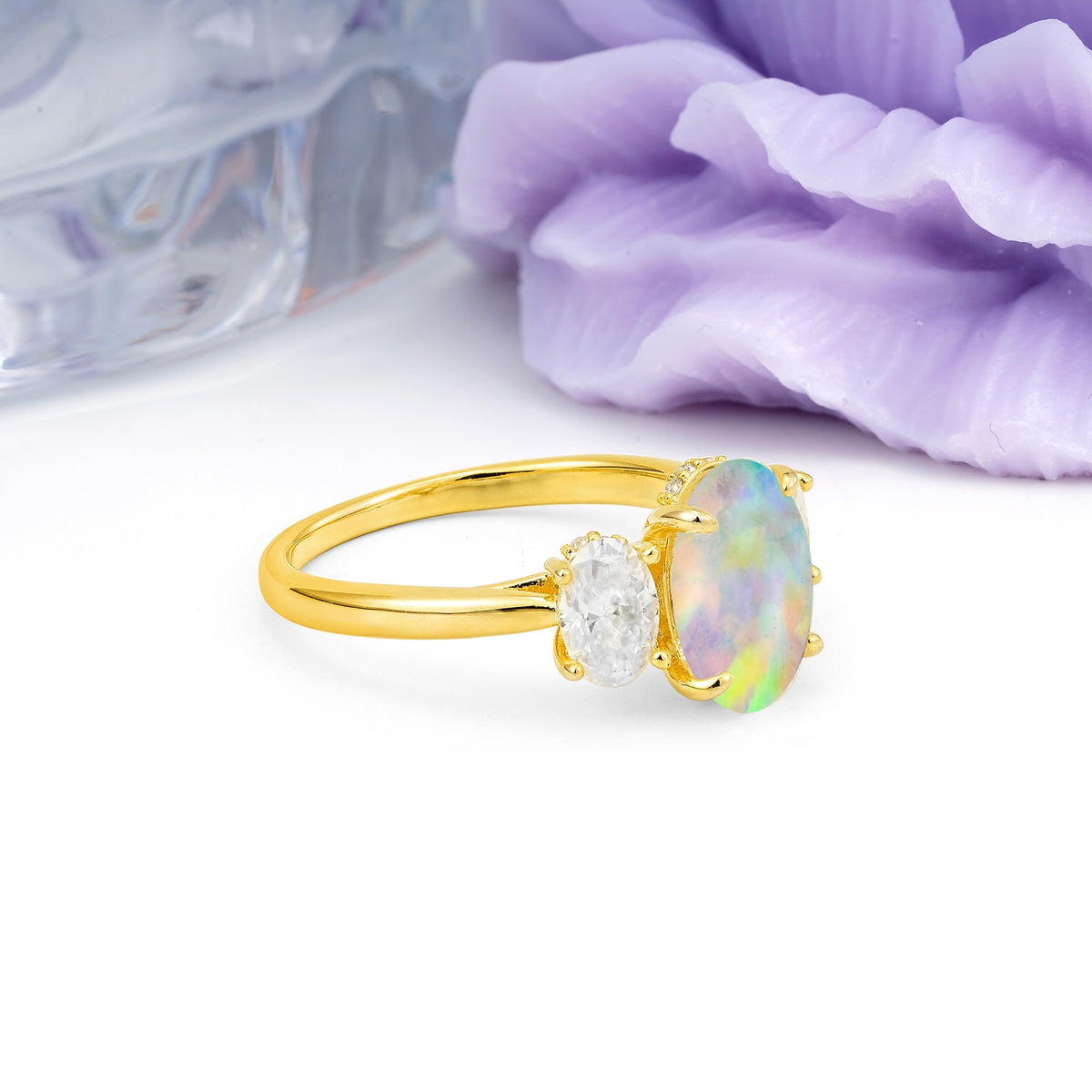 Three Stone Oval Center Solitaire Symmetric Oval Cut Side Ball Prong Smooth Shank Fire Opal Engagement Ring - Additional view