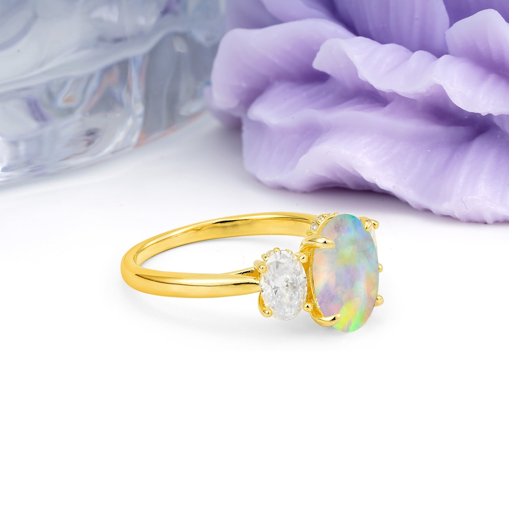 Three Stone Oval Center Solitaire Symmetric Oval Cut Side Ball Prong Smooth Shank Fire Opal Engagement Ring - Additional view