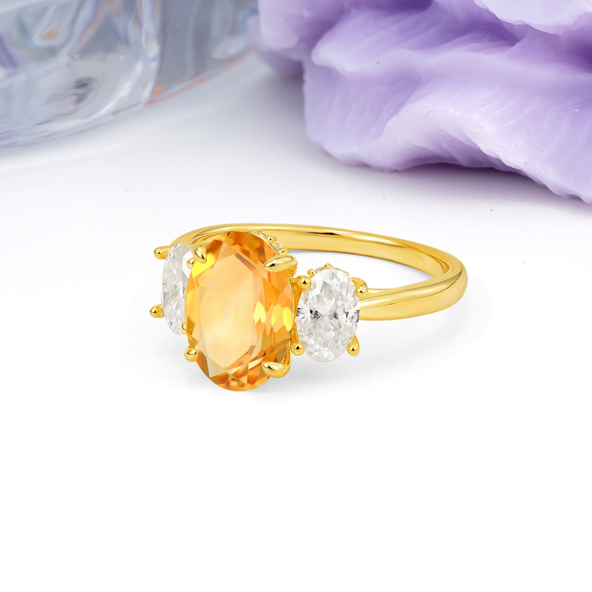 Three Stone Oval Center Solitaire Symmetric Oval Cut Side Ball Prong Smooth Shank Citrine Engagement Ring - Additional view