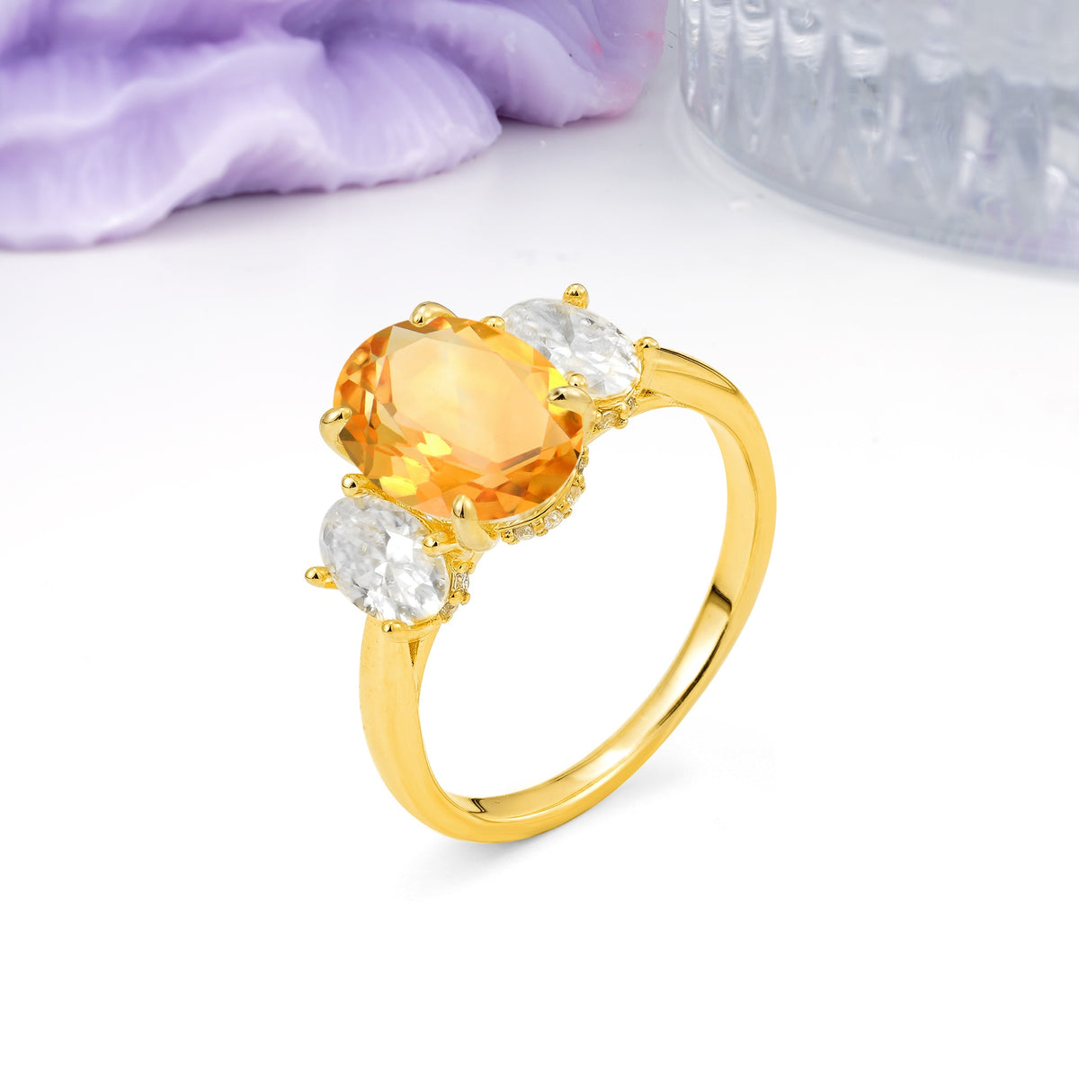 Three Stone Oval Center Solitaire Symmetric Oval Cut Side Ball Prong Smooth Shank Citrine Engagement Ring - Additional view