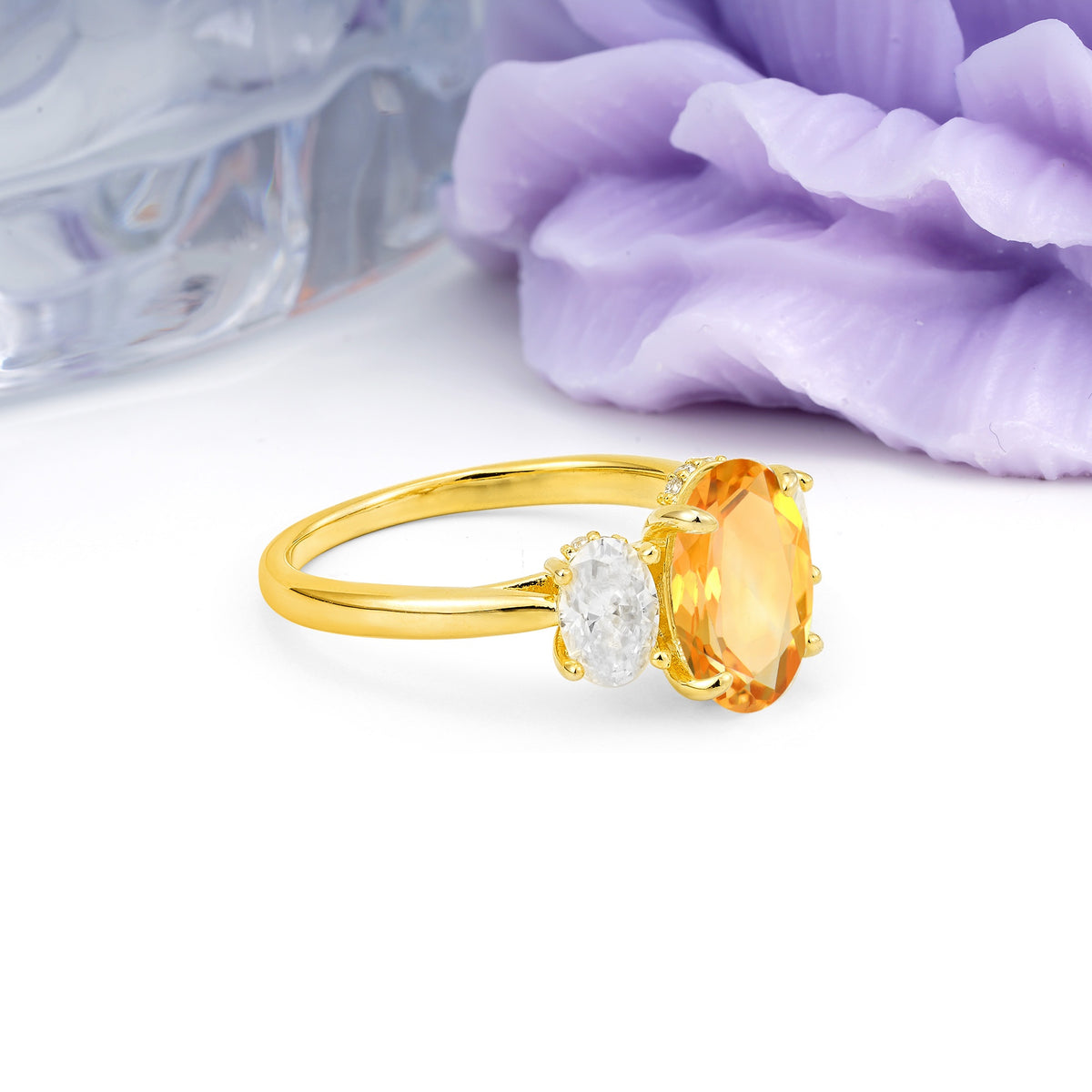Three Stone Oval Center Solitaire Symmetric Oval Cut Side Ball Prong Smooth Shank Citrine Engagement Ring - Additional view