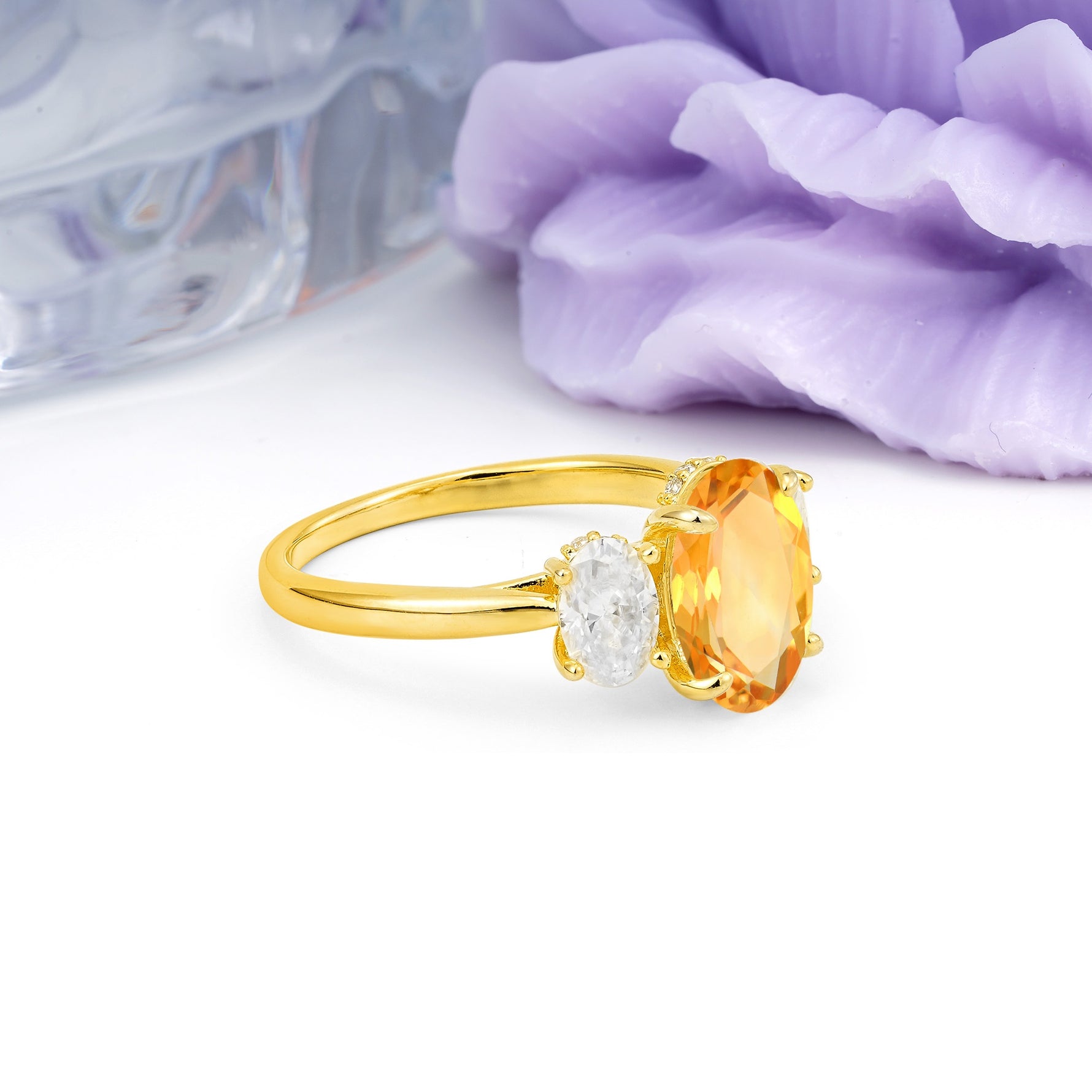 Three Stone Oval Center Solitaire Symmetric Oval Cut Side Ball Prong Smooth Shank Citrine Engagement Ring - Additional view