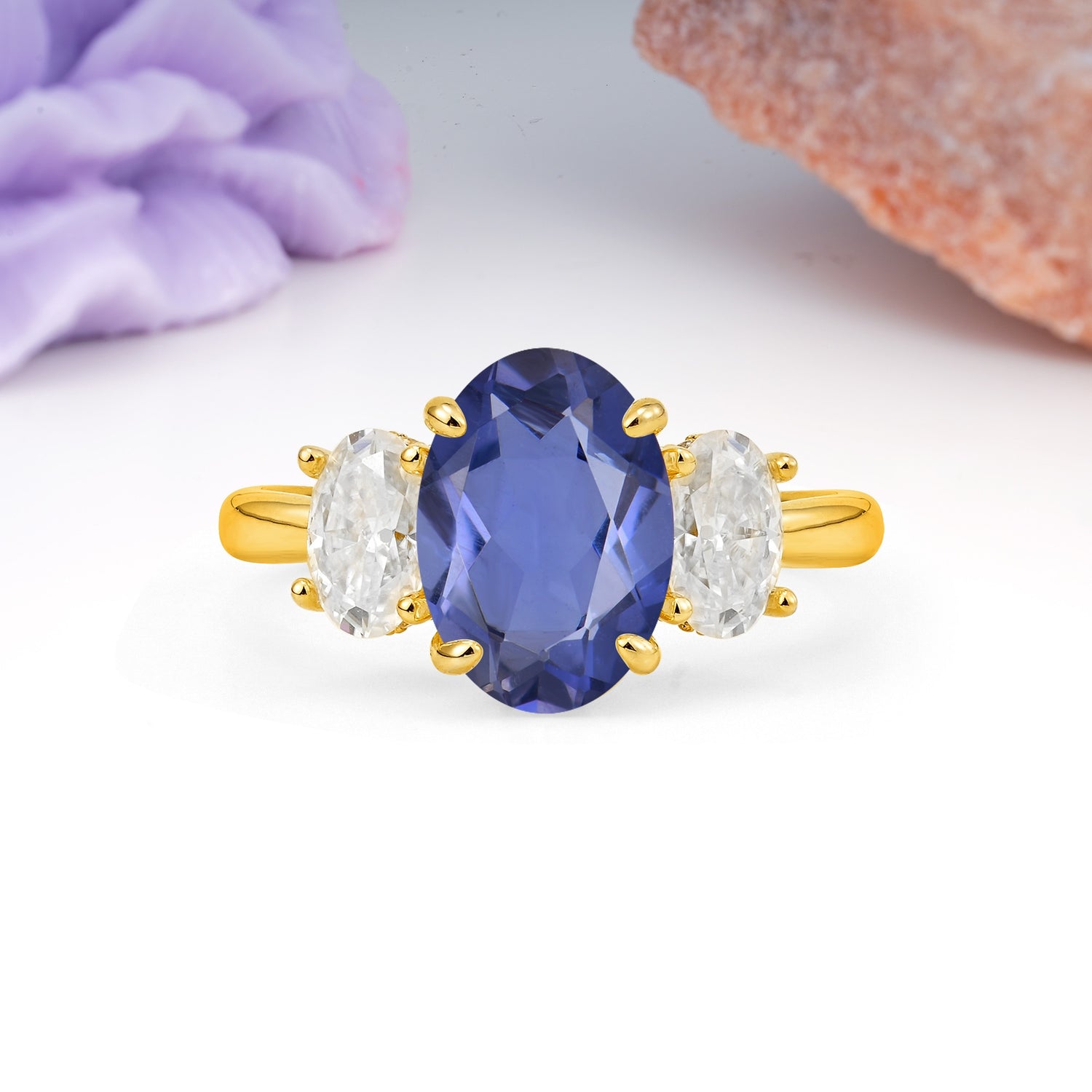 Three Stone Oval Center Solitaire Symmetric Oval Cut Side Ball Prong Smooth Shank Tanzanite Engagement Ring - Additional view