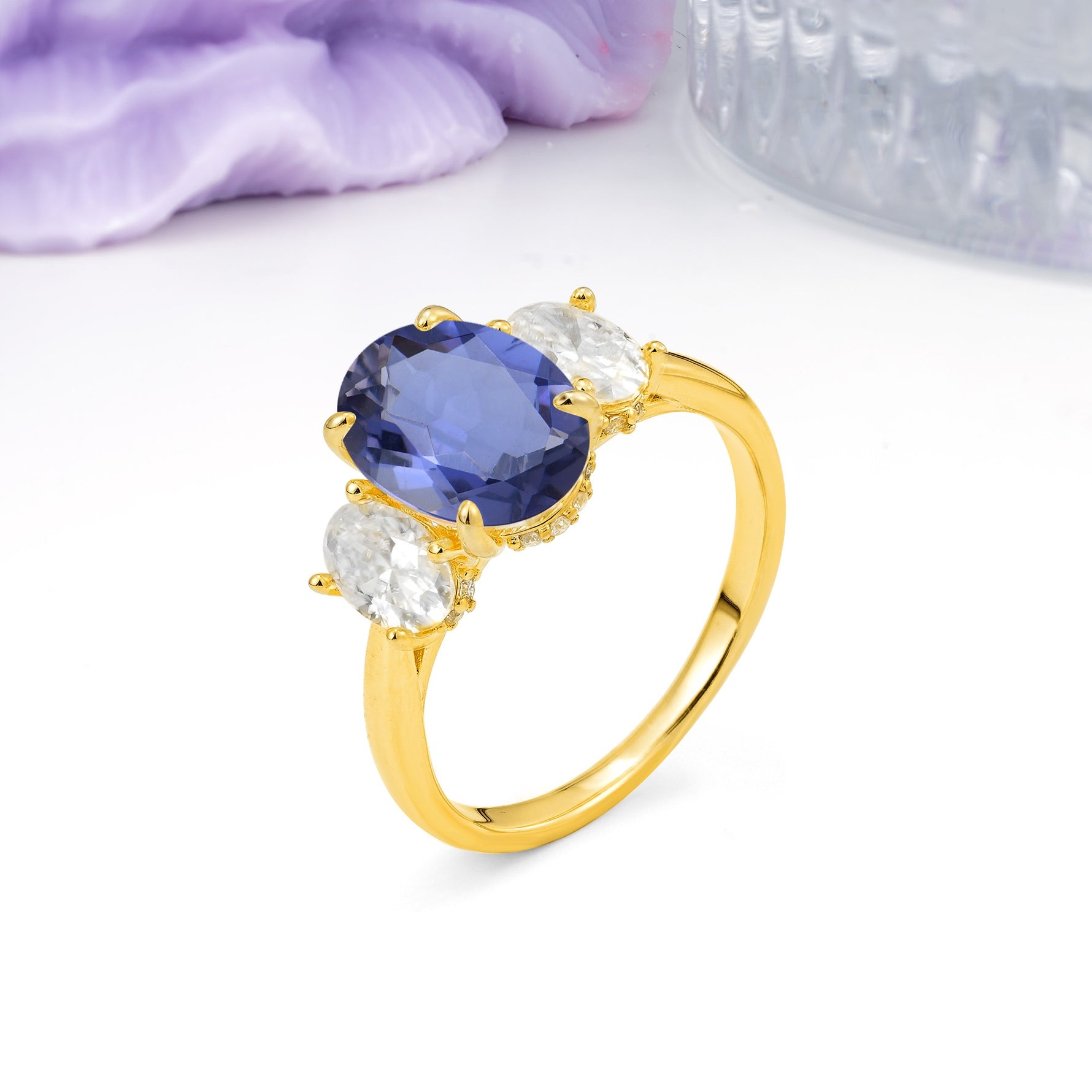 Three Stone Oval Center Solitaire Symmetric Oval Cut Side Ball Prong Smooth Shank Tanzanite Engagement Ring - Additional view