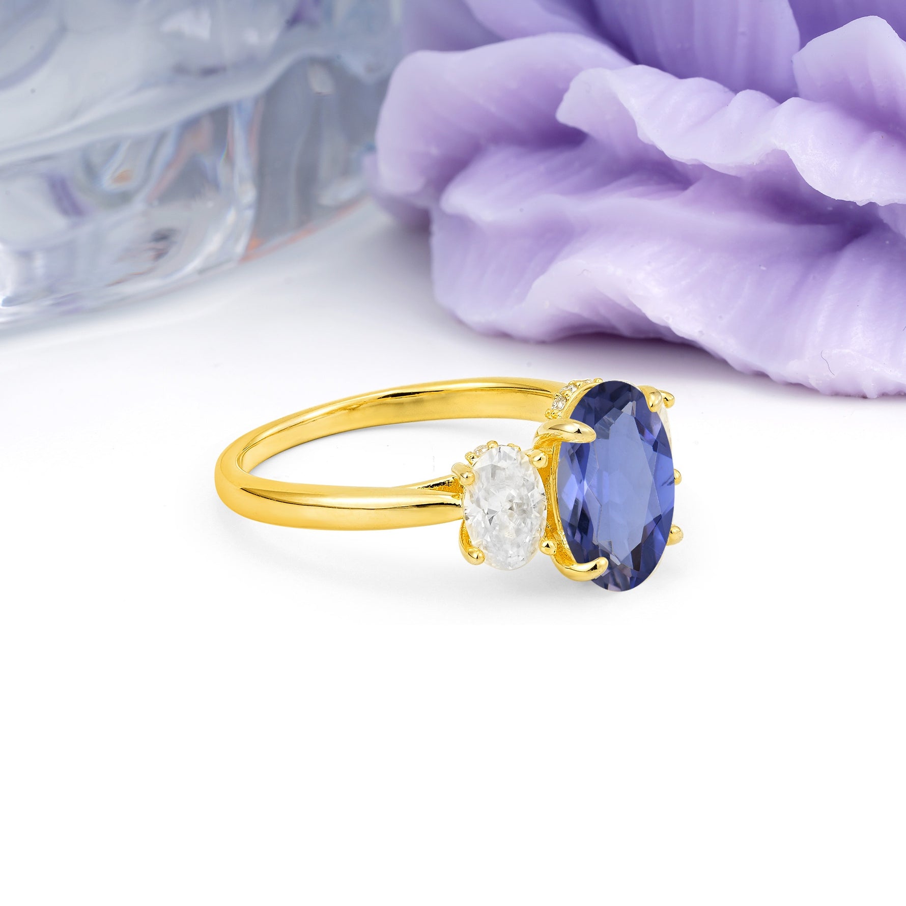Three Stone Oval Center Solitaire Symmetric Oval Cut Side Ball Prong Smooth Shank Tanzanite Engagement Ring - Additional view