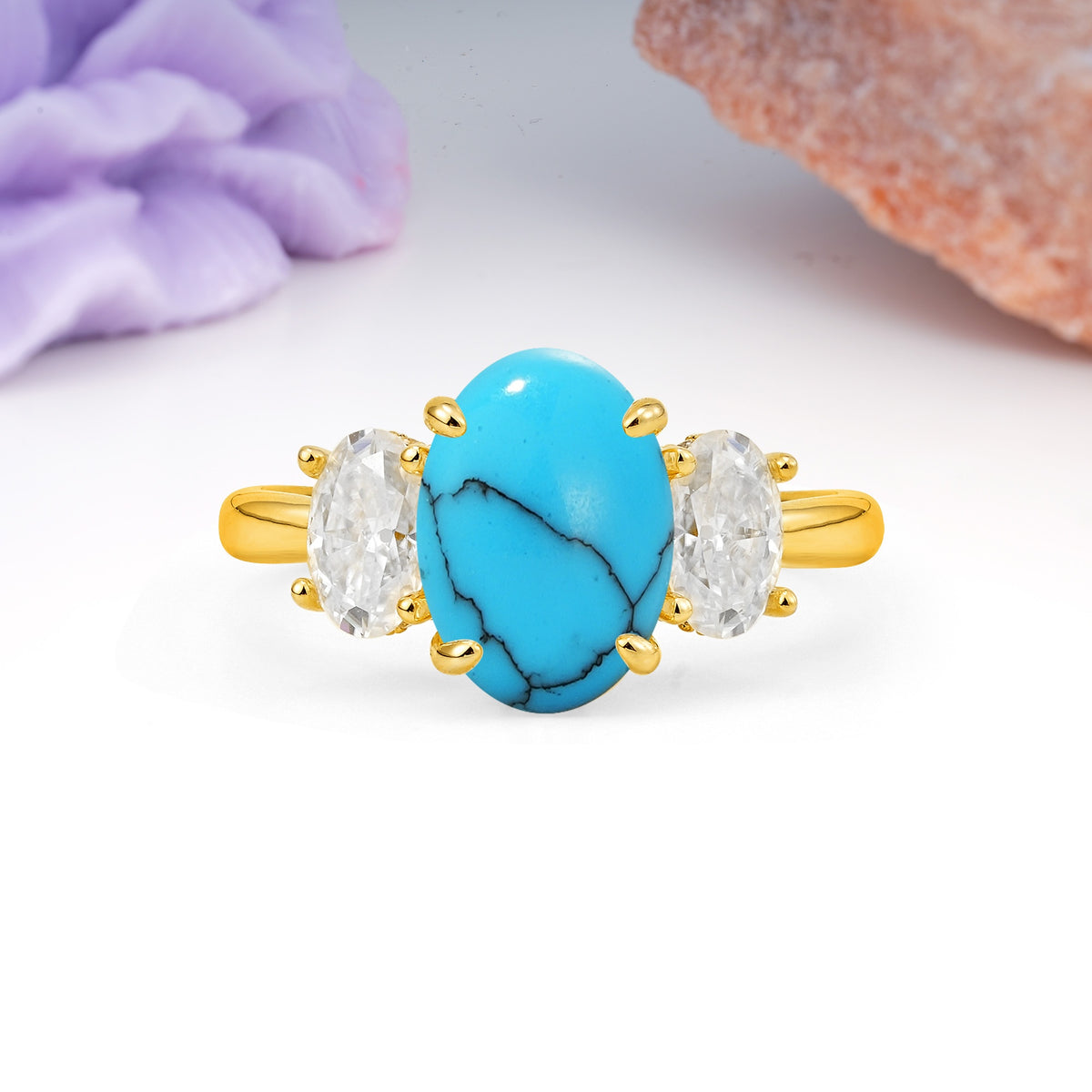 Three Stone Oval Center Solitaire Symmetric Oval Cut Side Ball Prong Smooth Shank Turquoise Engagement Ring - Additional view