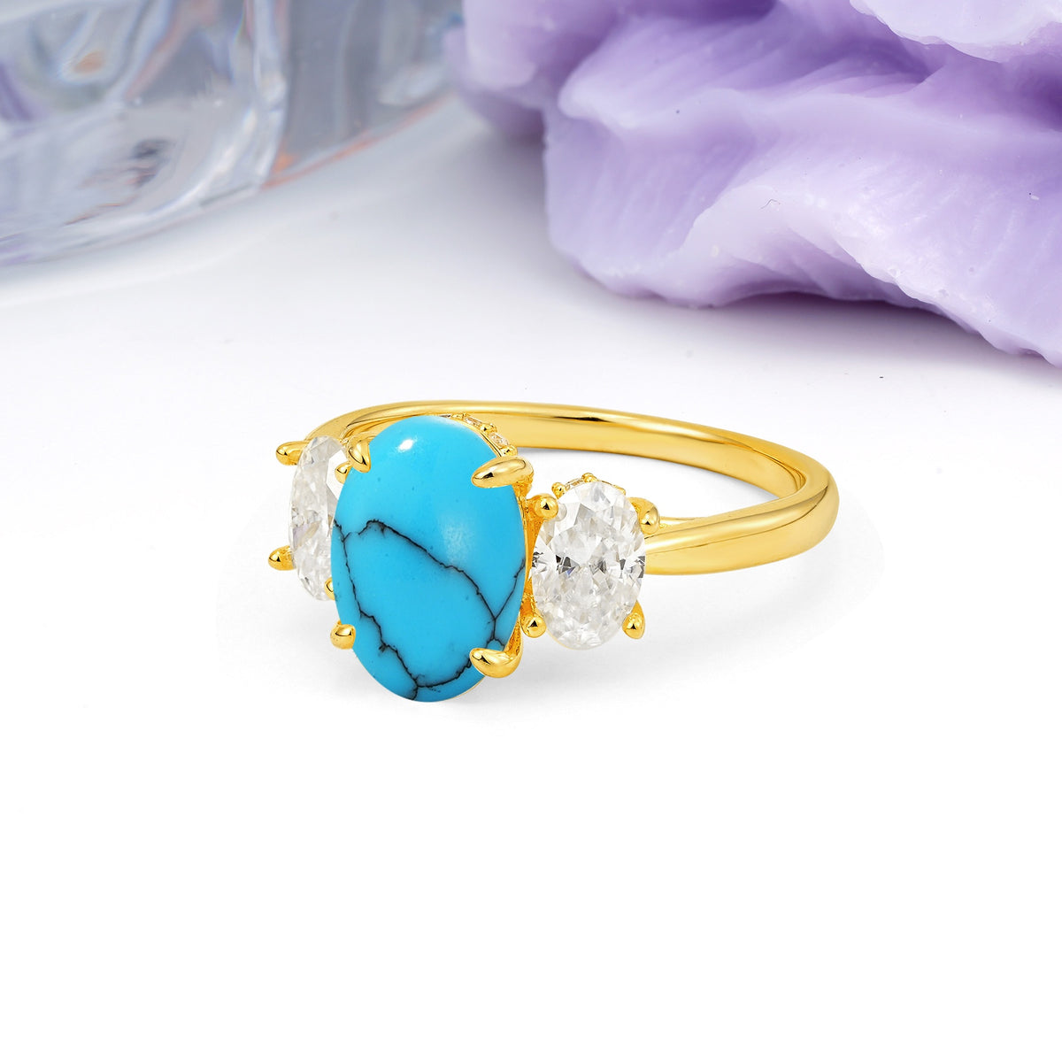 Three Stone Oval Center Solitaire Symmetric Oval Cut Side Ball Prong Smooth Shank Turquoise Engagement Ring - Additional view