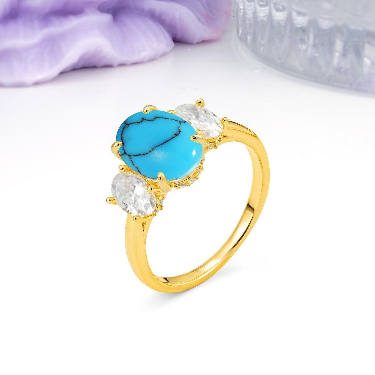 Three Stone Oval Center Solitaire Symmetric Oval Cut Side Ball Prong Smooth Shank Turquoise Engagement Ring - Additional view