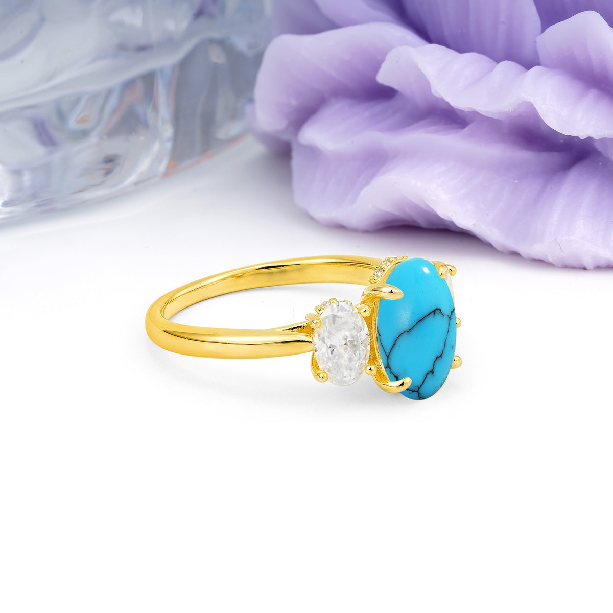 Three Stone Oval Center Solitaire Symmetric Oval Cut Side Ball Prong Smooth Shank Turquoise Engagement Ring - Additional view